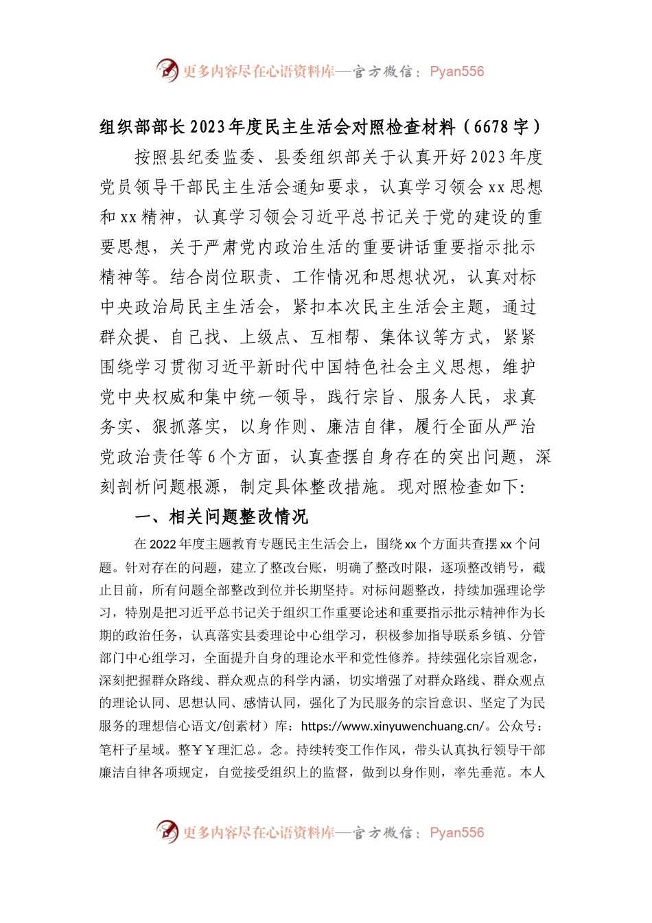 2023年主题教育专题民主生活会个人对照检查  组织部长（践行宗旨等6个方面+案例剖析+上年度整改+个人事项）(1).docx_第1页