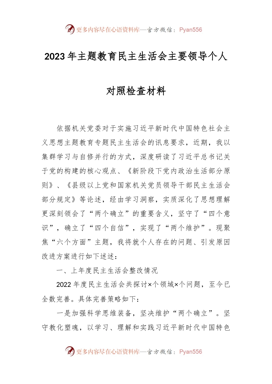 2023年主题教育民主生活会主要领导个人对照检查材料.docx_第1页