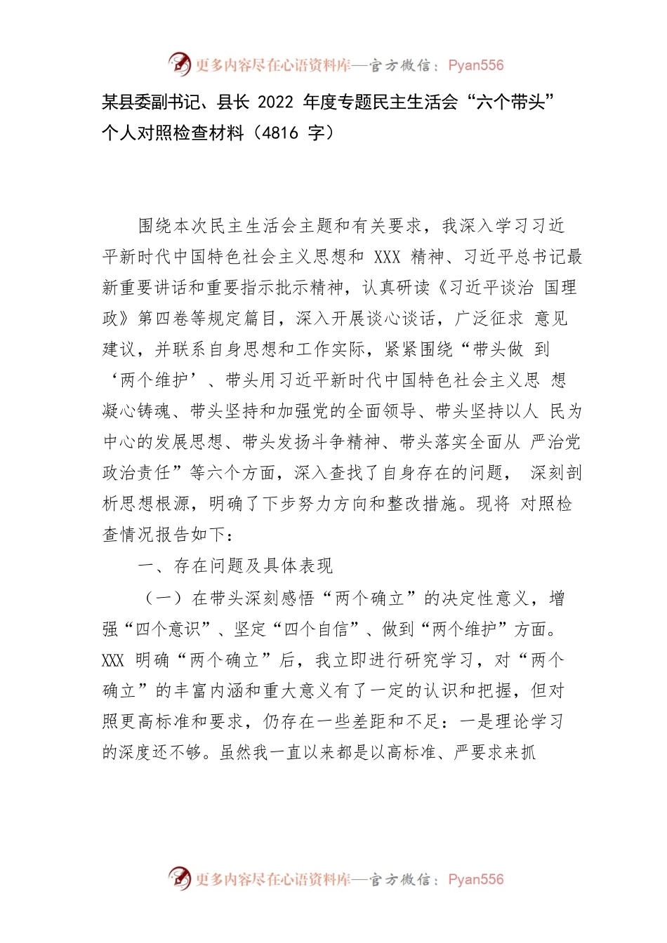 2022.12.30电子档：某县委副书记、县长2022年度专题民主生活会“六个带头”个人对照检查材料（4816字）.docx_第1页