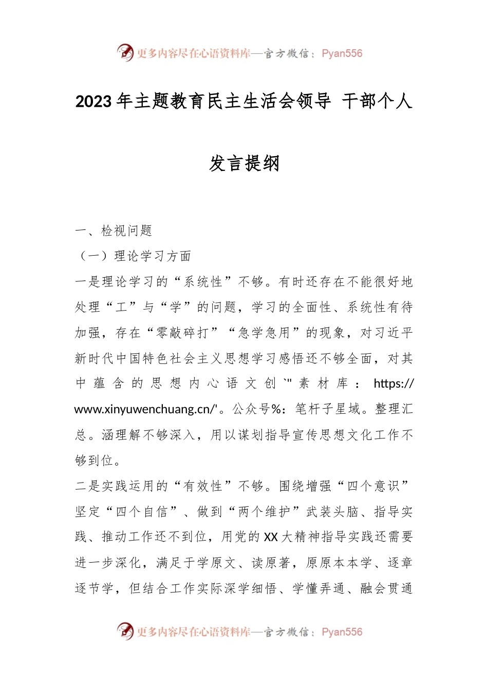 2023年主题教育民主生活会领导 干部个人发言提纲.docx_第1页