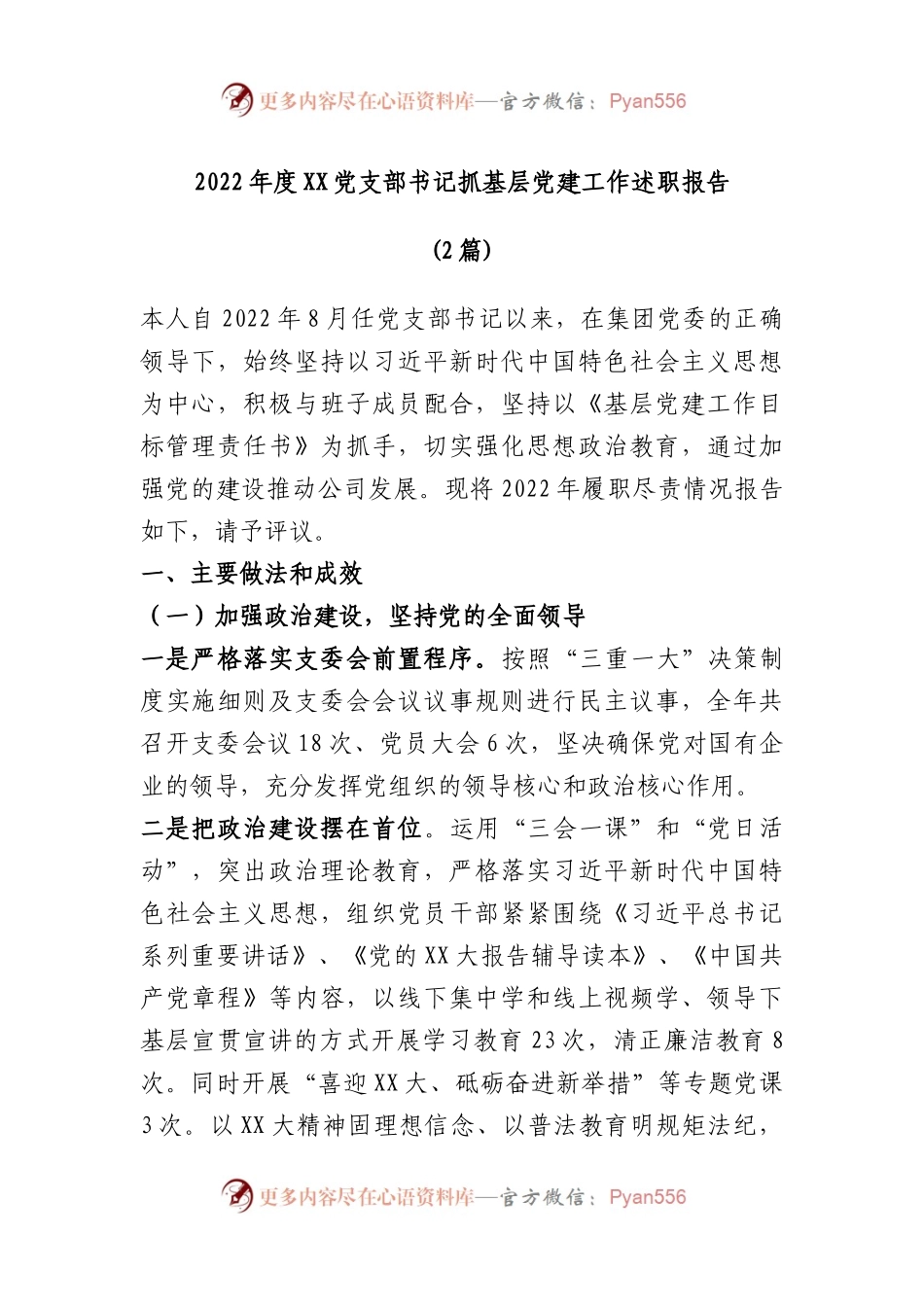 (2篇)2022年度党支部书记抓基层党建工作述职报告.docx_第1页