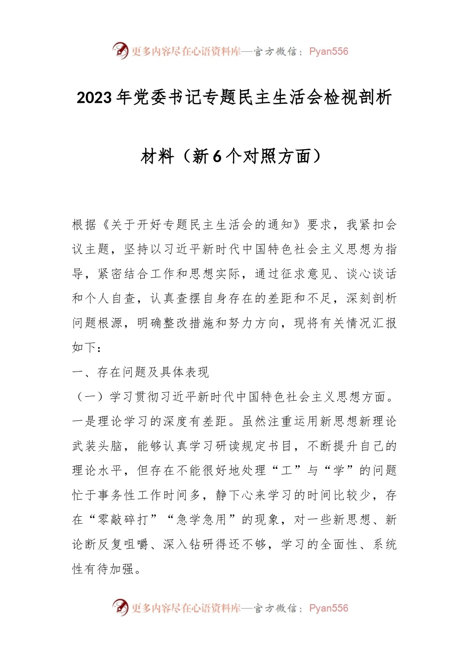 2023年党委书记专题民主生活会检视剖析材料（新6个对照方面）.docx_第1页