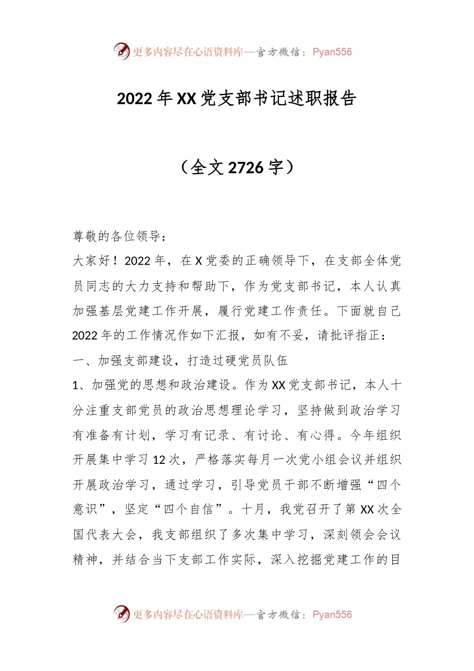 2022年XX党支部书记述职报告.docx_第1页