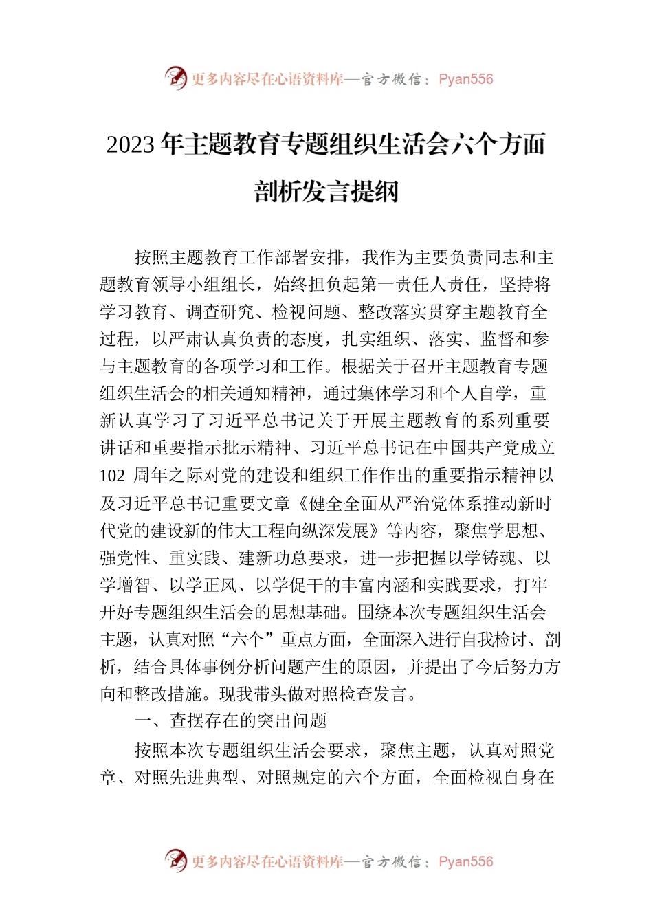 2023年主题教育专题组织生活会六个方面剖析发言提纲.docx_第1页