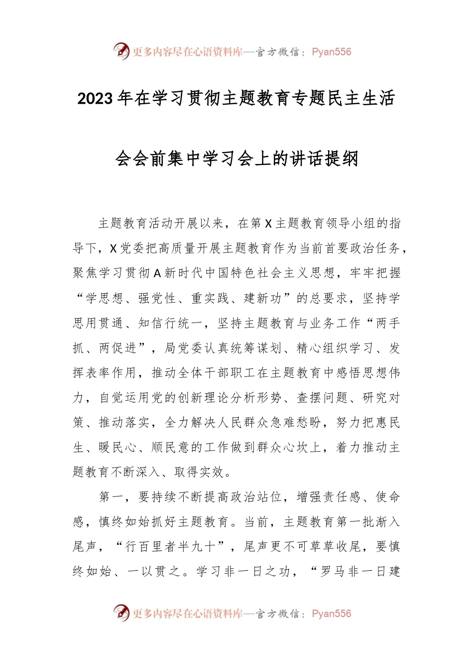 2023年在学习贯彻主题教育专题民主生活会会前集中学习会上的讲话提纲.docx_第1页