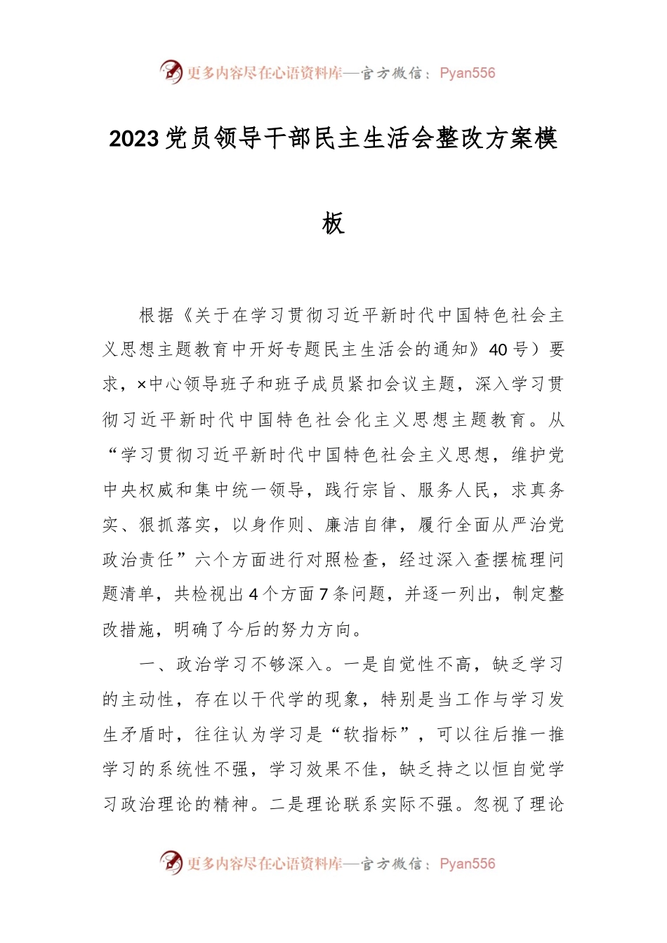2023党员领导干部民主生活会整改方案模板.docx_第1页