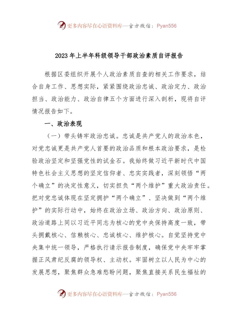 2023年上半年科级领导干部政治素质自评报告.docx_第1页