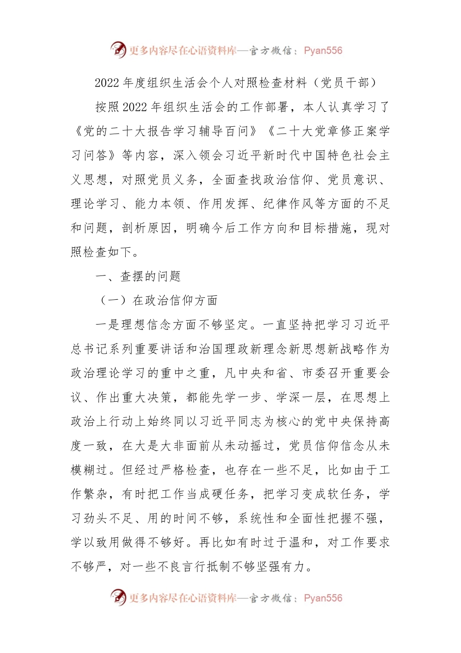 2022年度组织生活会个人对照检查材料（党员干部）.docx_第1页
