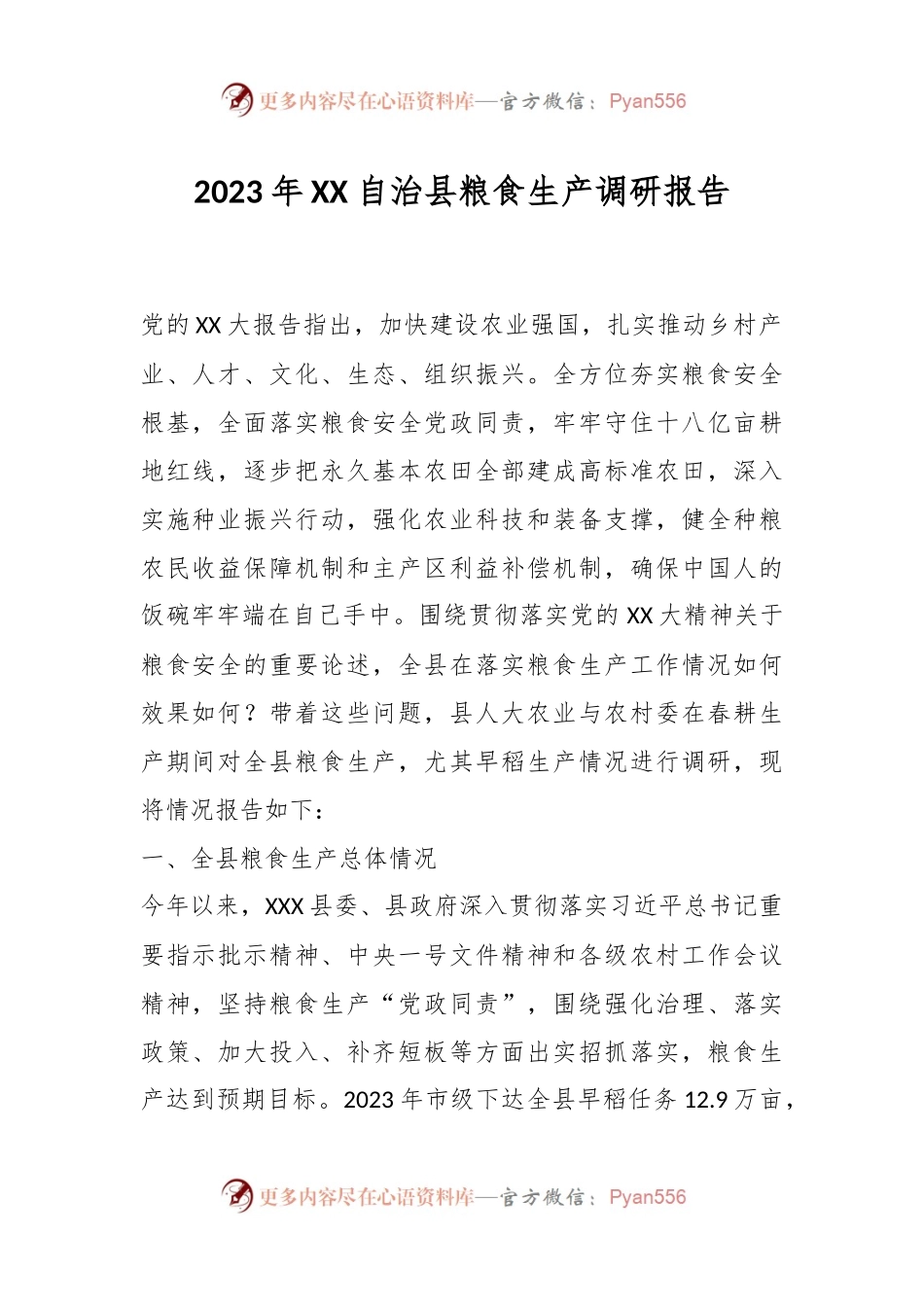 2023年XX自治县粮食生产调研报告.docx_第1页