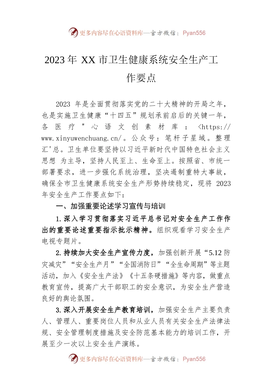 2023年XX市卫生健康系统安全生产工作要点（20230424）.docx_第1页