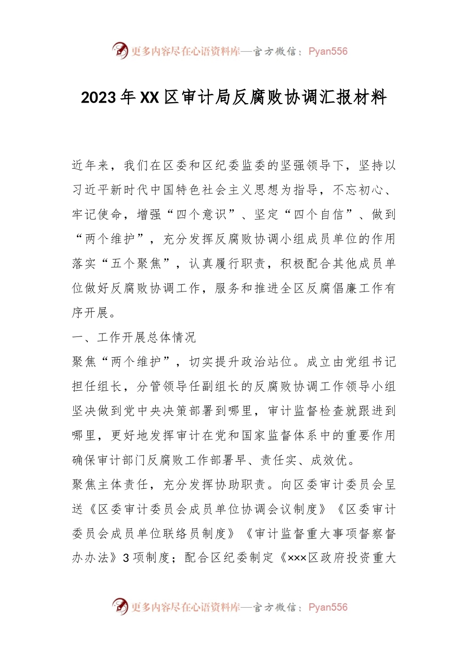 2023年XX区审计局反腐败协调汇报材料.docx_第1页