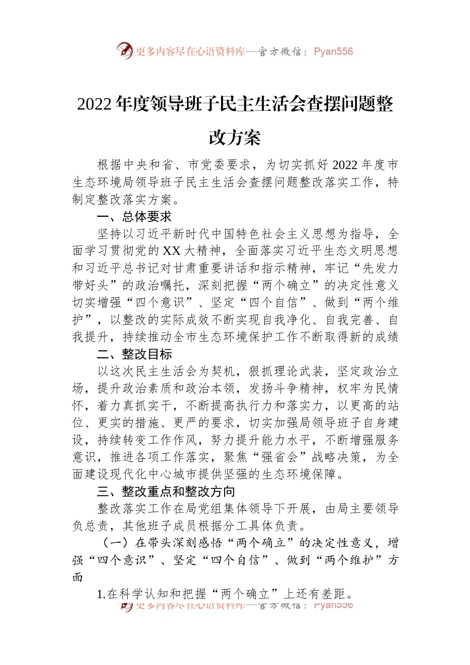 2022年度领导班子民主生活会查摆问题整改方案.docx_第1页