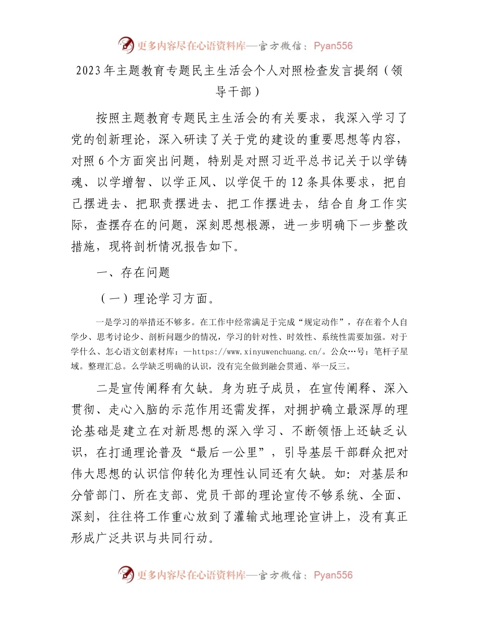 2023年主题教育专题民主生活会个人对照检查发言提纲（领导干部）.docx_第1页