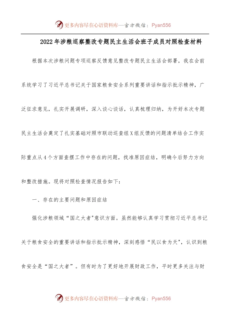 2022年涉粮巡察整改专题民主生活会班子成员对照检查材料.docx_第1页