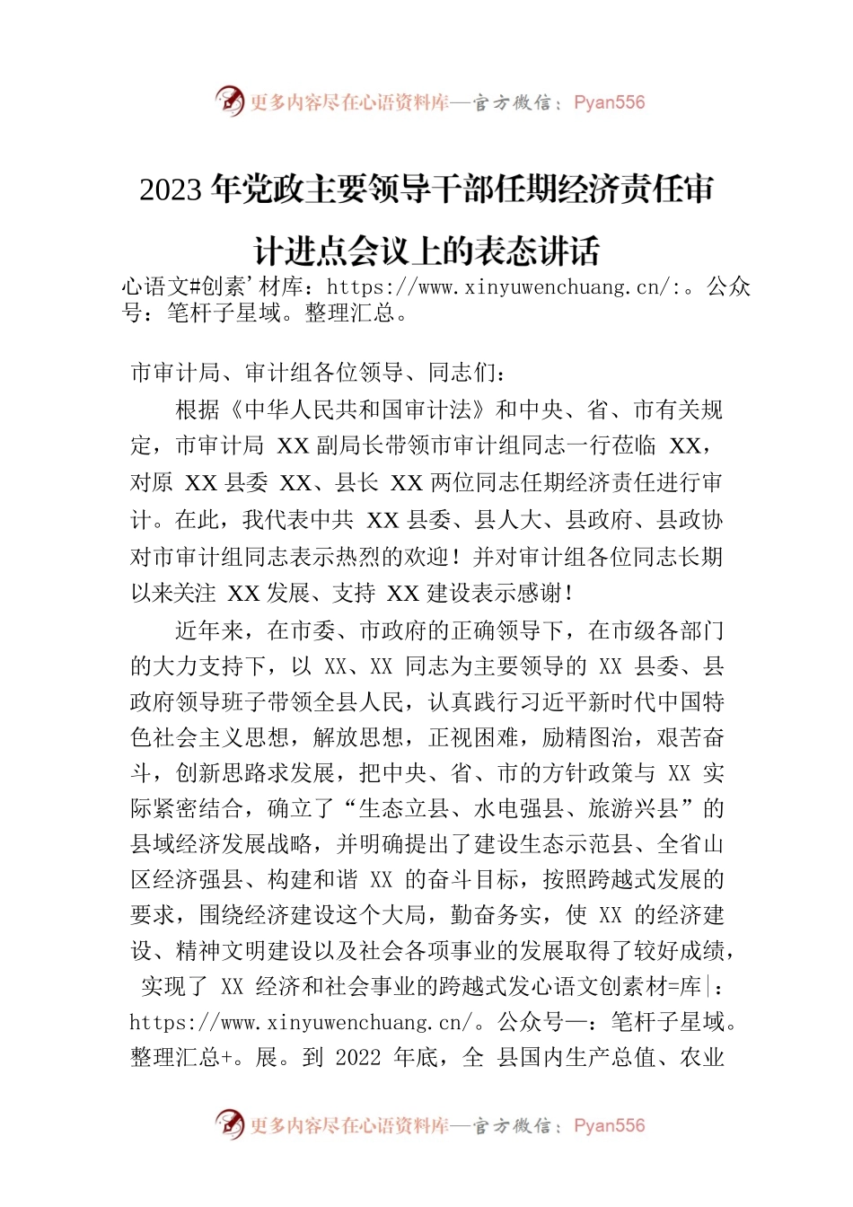 2023年党政主要领导干部任期经济责任审计进点会议上的表态讲话.docx_第1页