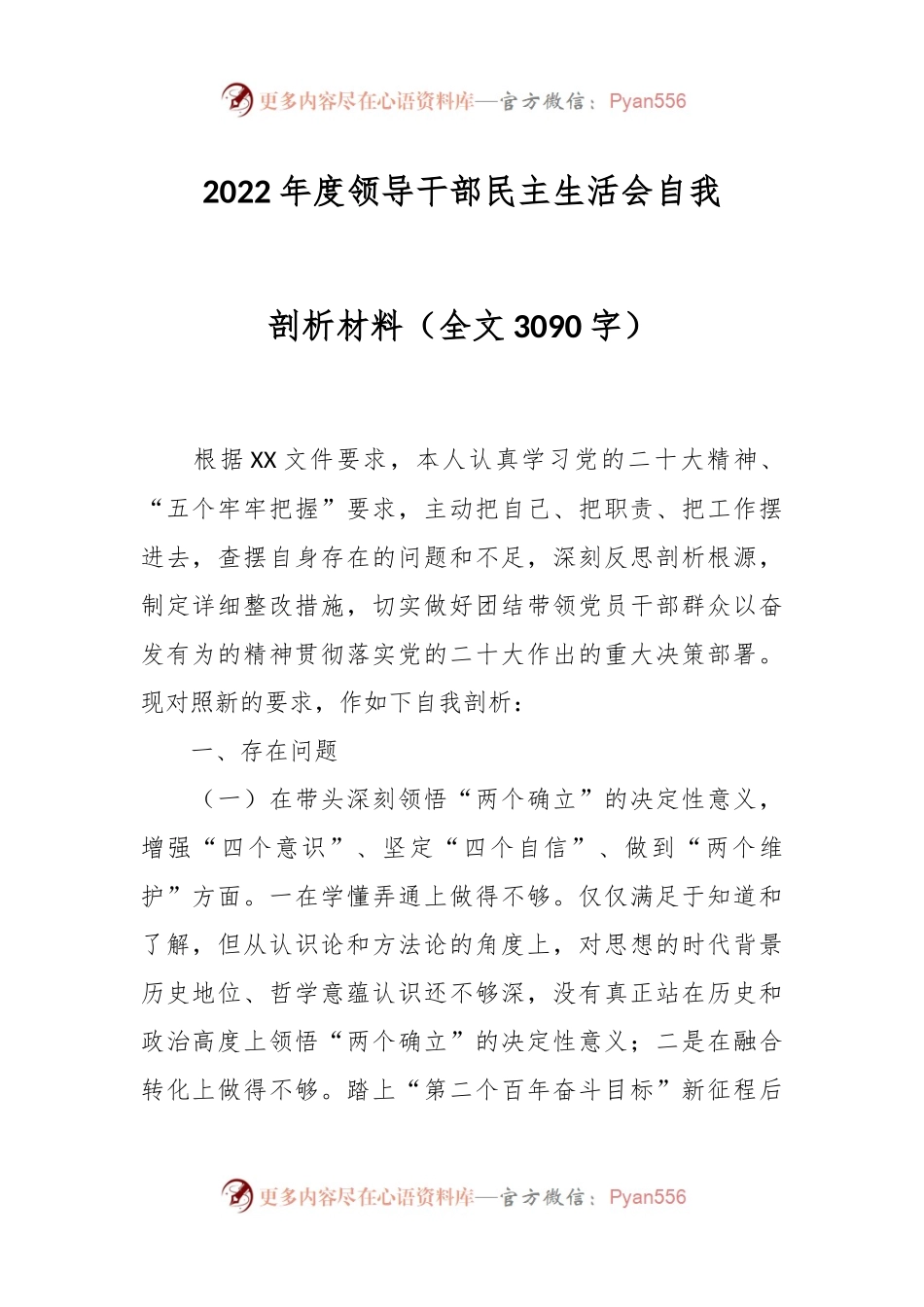 2022年度领导干部民主生活会自我剖析材料.docx_第1页