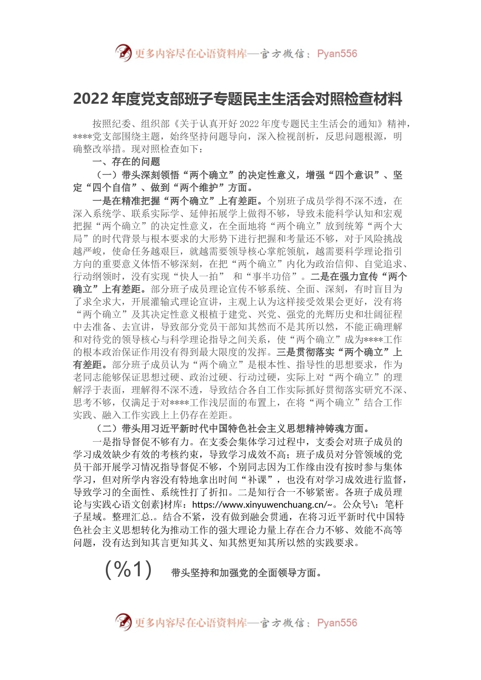 2022年度党支部班子专题民主生活会对照检查材料.docx_第1页
