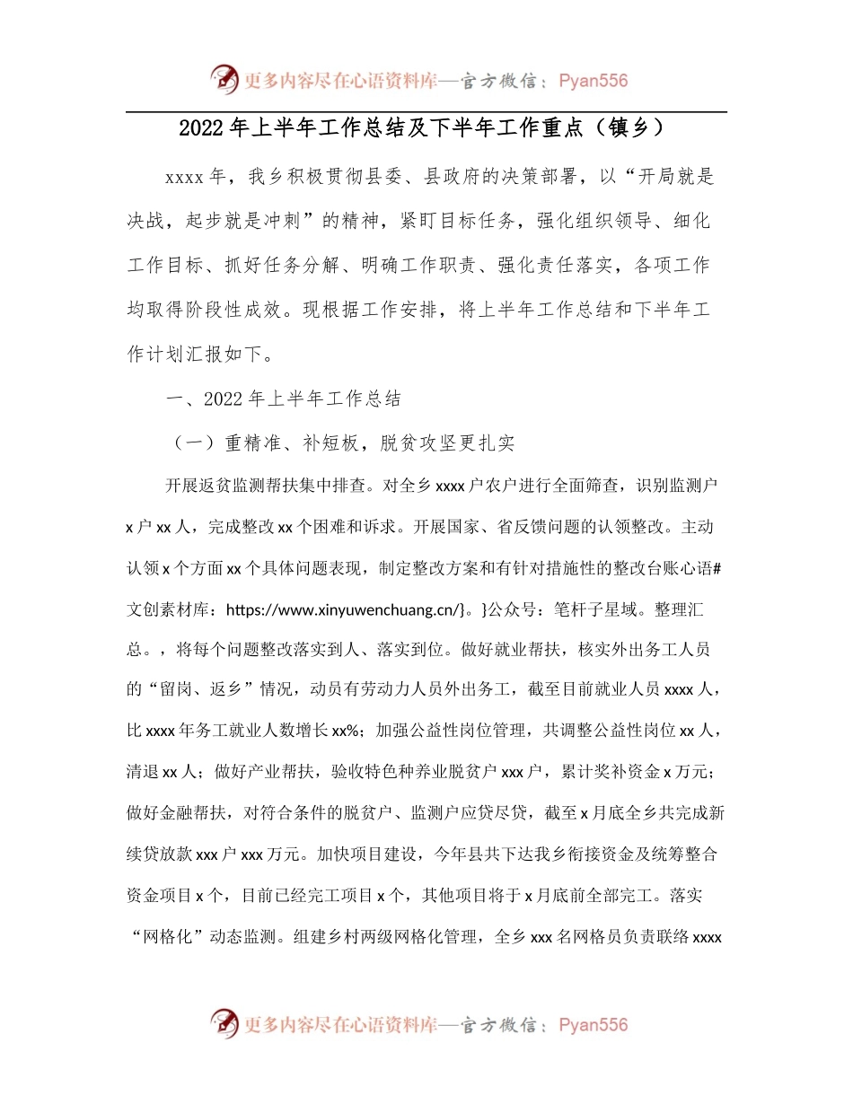 2022年上半年工作总结及下半年工作重点[镇乡].docx_第1页