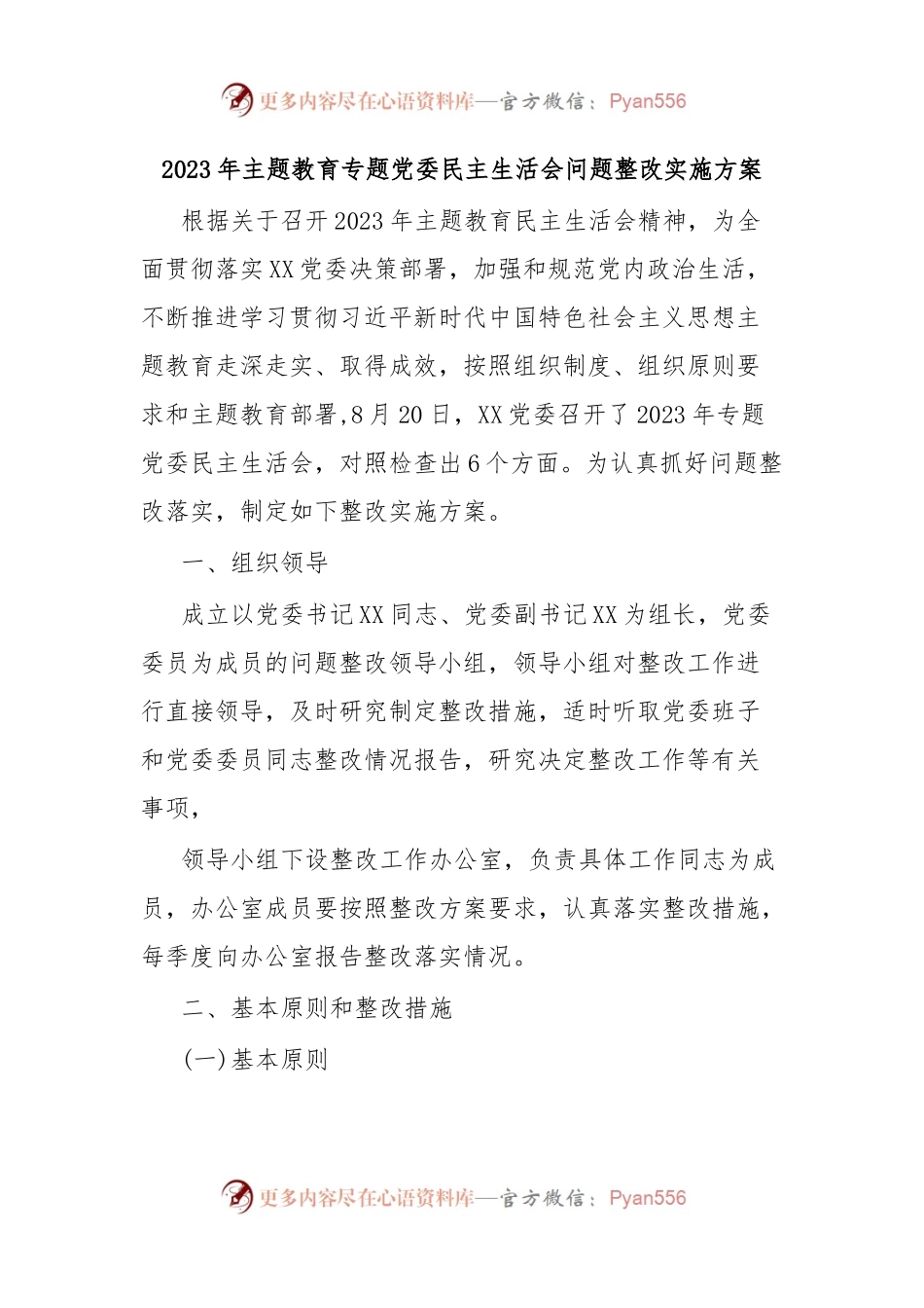 2023年主题教育专题党委民主生活会问题整改实施方案.docx_第1页