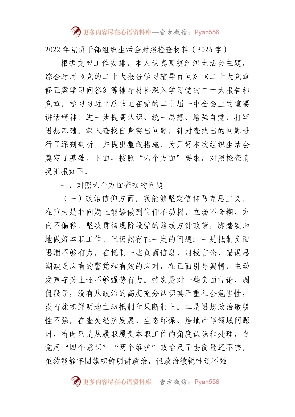 2022年党员干部组织生活会对照检查材料（政治意识等6个方面）.docx_第1页