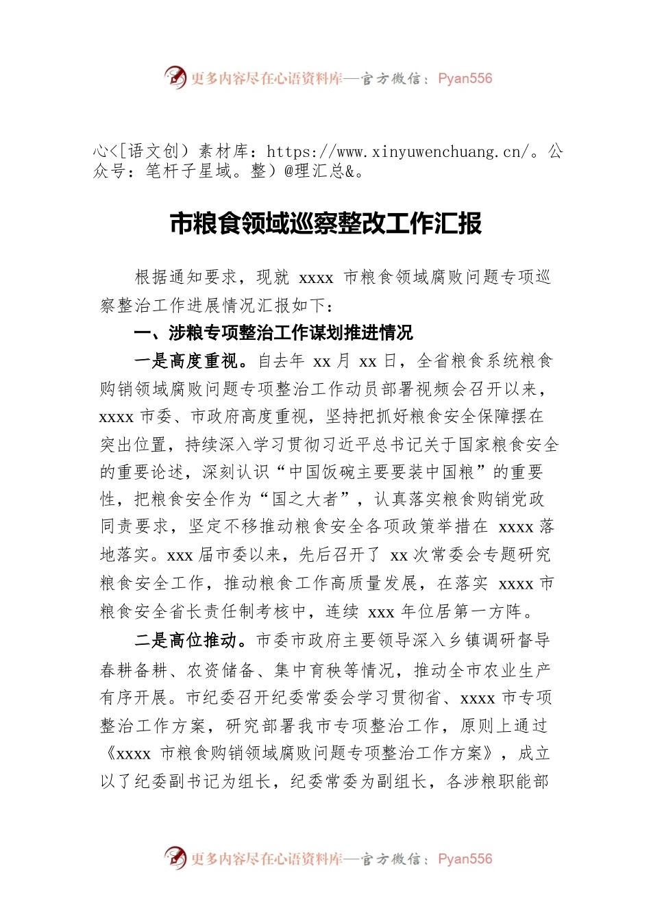 2022年市粮食领域巡察整改工作汇报.docx_第1页