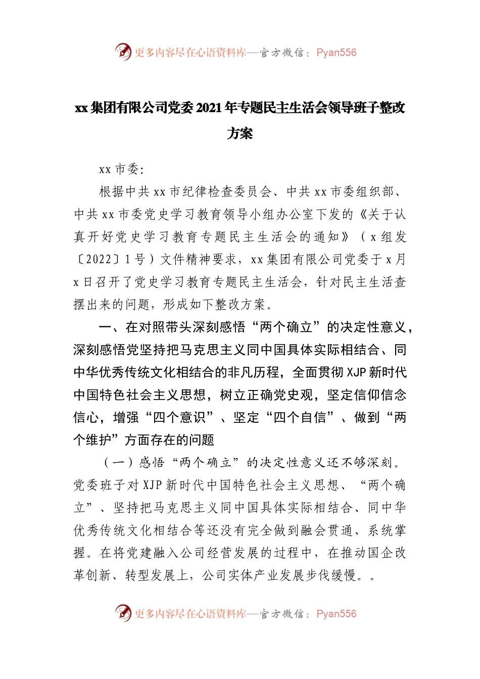 185整改方案2021年专题民主生活会领导班子整改方案（公司）.docx_第1页