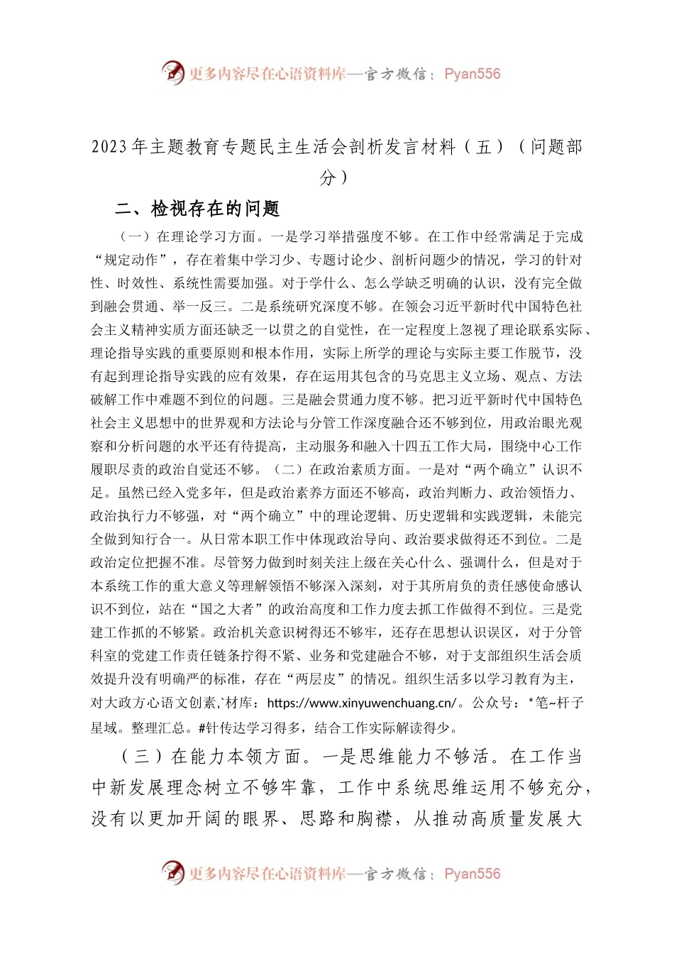 2023年主题教育专题民主生活会剖析发言材料（五）（问题部分）.docx_第1页