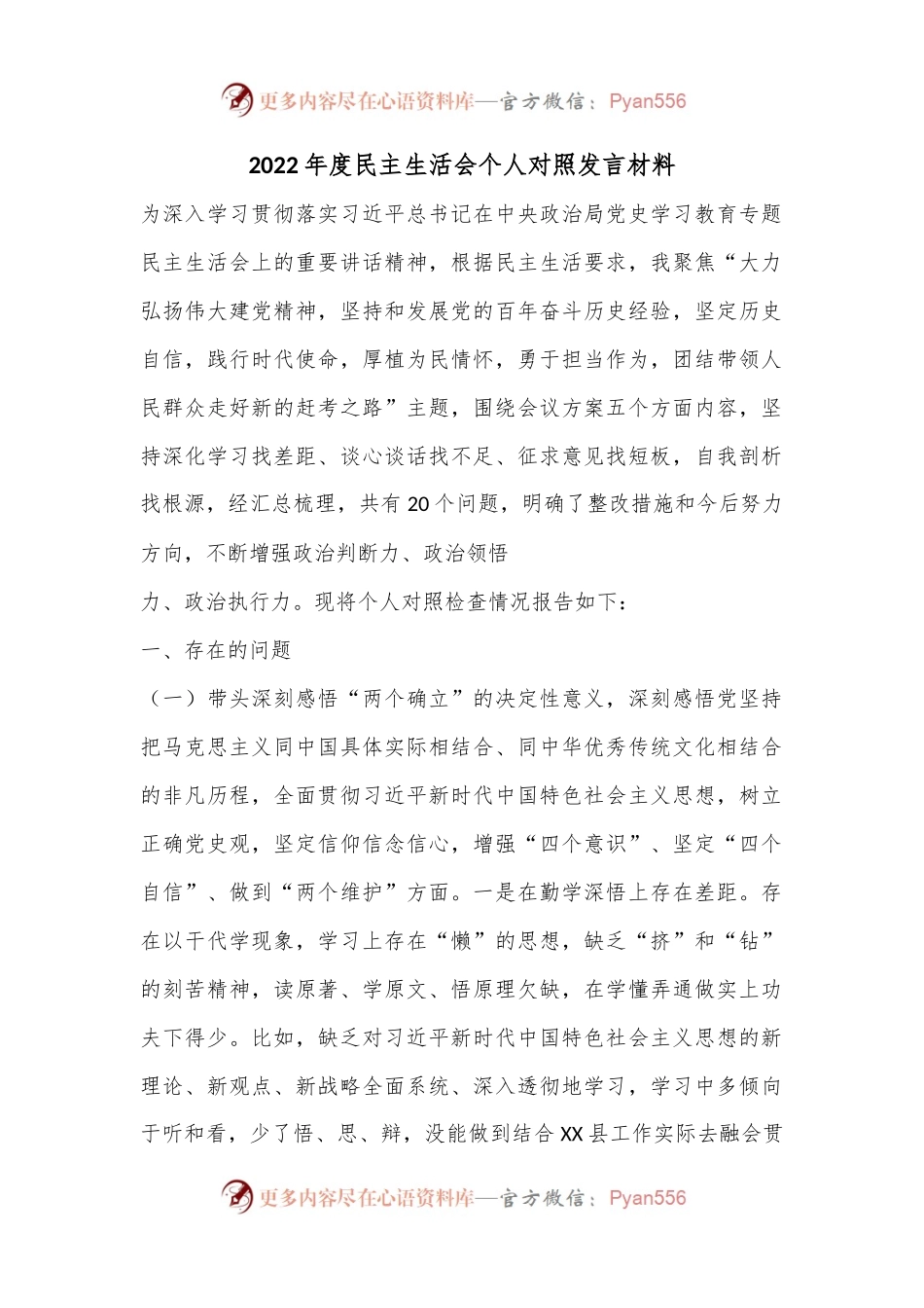 2022年度民主生活会个人对照发言材料..docx_第1页
