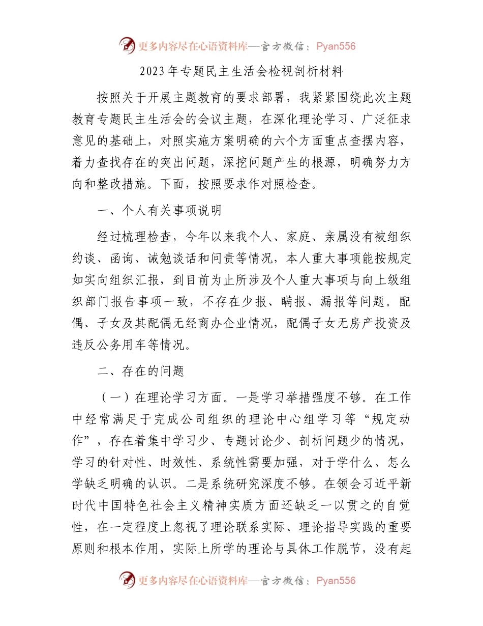 2023年专题民主生活会检视剖析材料.docx_第1页