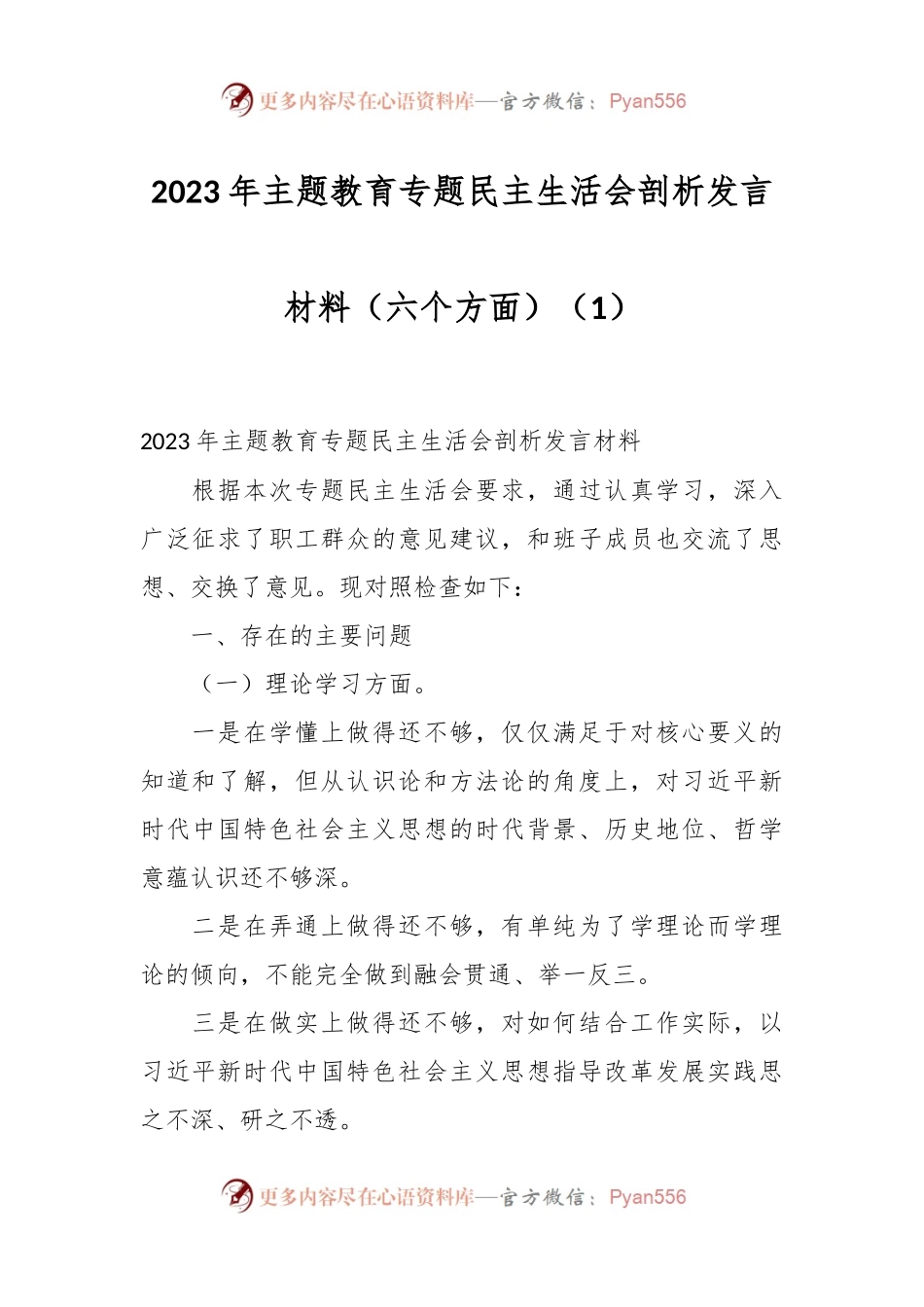 2023年主题教育专题民主生活会剖析发言稿材料（六个方面）（1）.docx_第1页