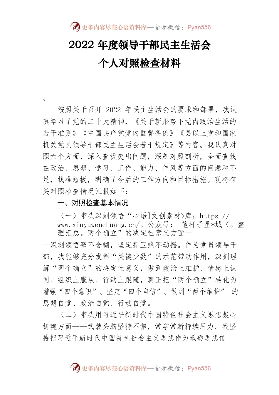2022年度领导干部民主生活会个人对照检查材料.docx_第1页