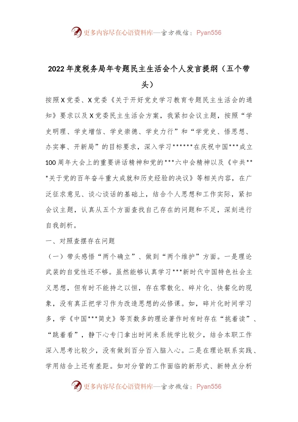 2022年度税务局年专题民主生活会个人发言提纲.docx_第1页