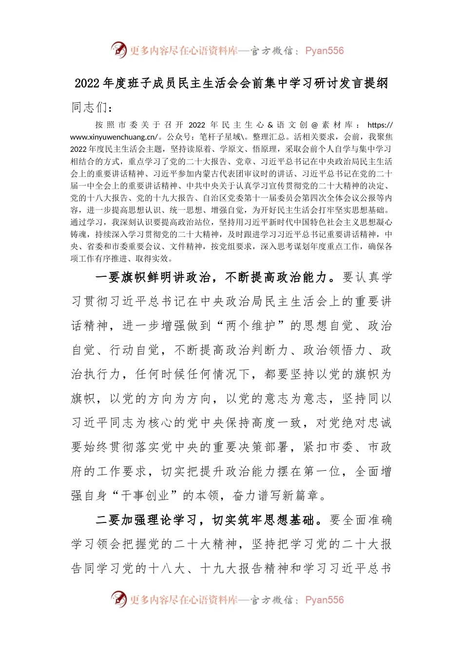 2022年度班子成员民主生活会会前集中学习研讨发言提纲.docx_第1页