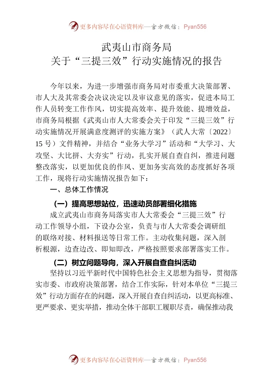2022.12.8武夷山市商务局关于“三提三效”行动实施情况的报告.docx_第1页