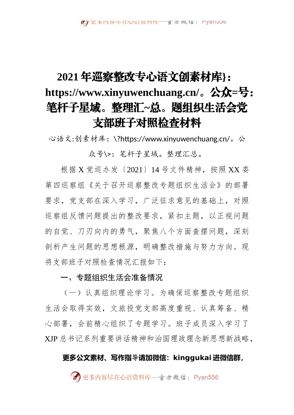 2021年巡察整改专题组织生活会党支部班子对照检查材料.docx_第1页