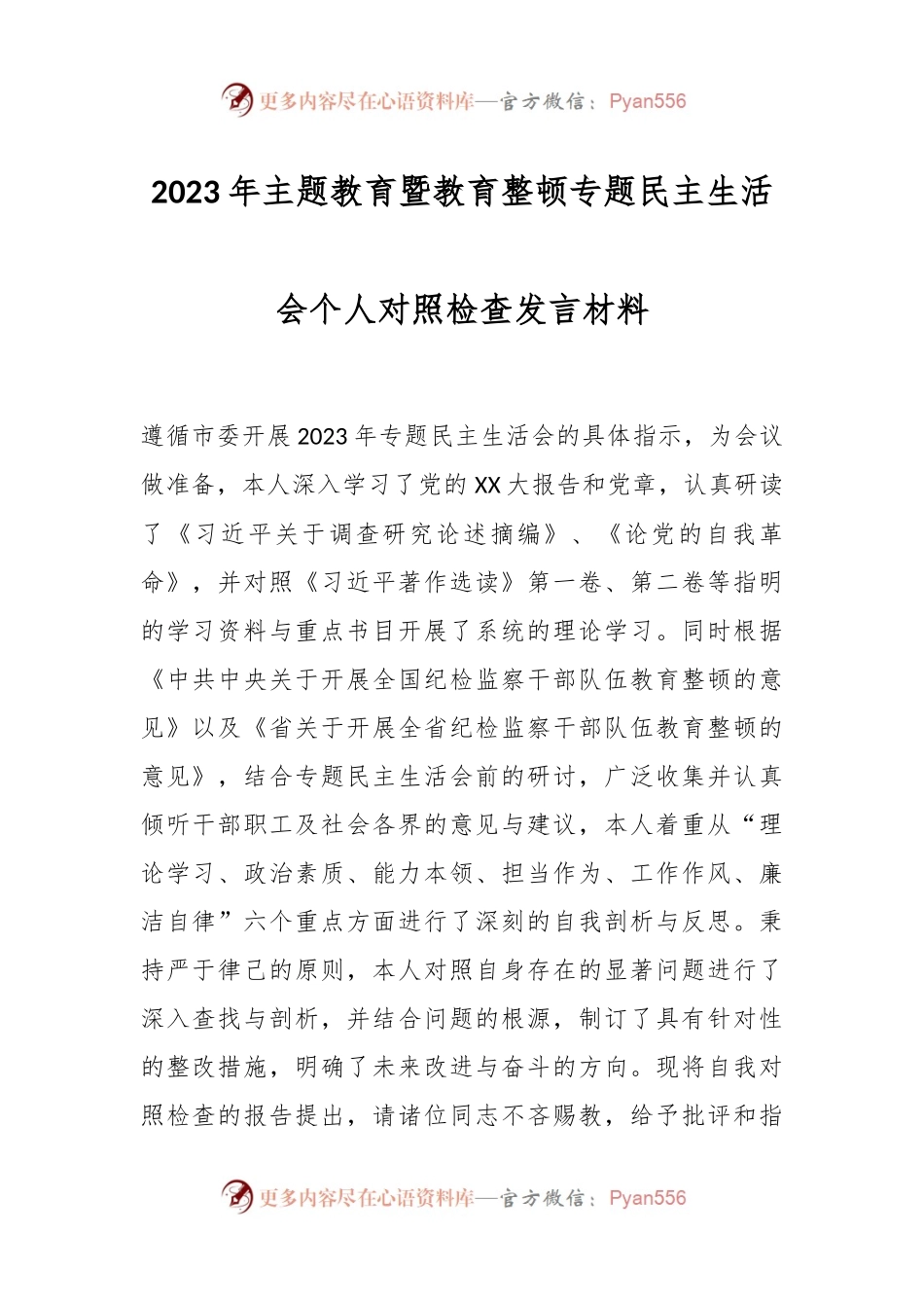 2023年主题教育暨教育整顿专题民主生活会个人对照检查发言稿材料.docx_第1页