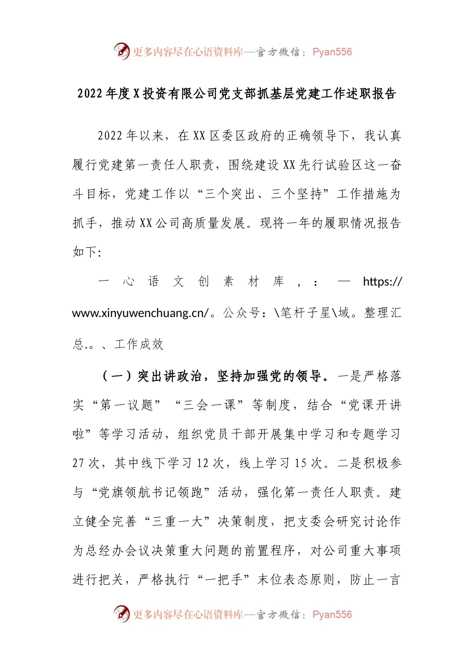 2022年度投资有限公司党支部抓基层党建工作述职报告.docx_第1页