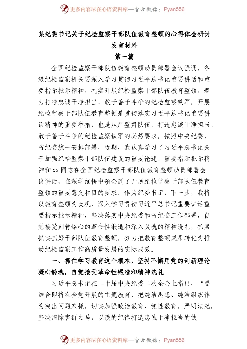 (2篇)某纪委书记关于纪检监察干部队伍教育整顿的心得体会研讨发言材料.docx_第1页