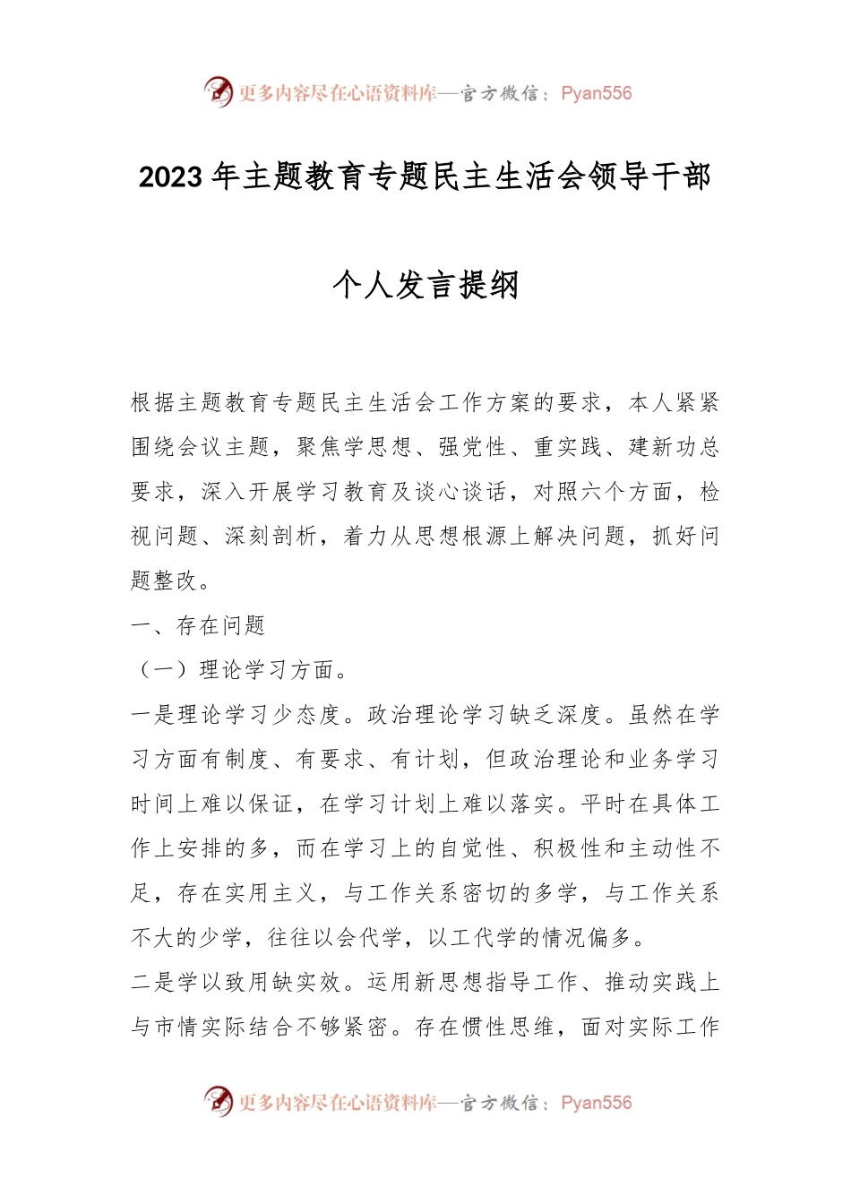2023 年主题教育专题民主生活会领导干部个人发言提纲.docx_第1页