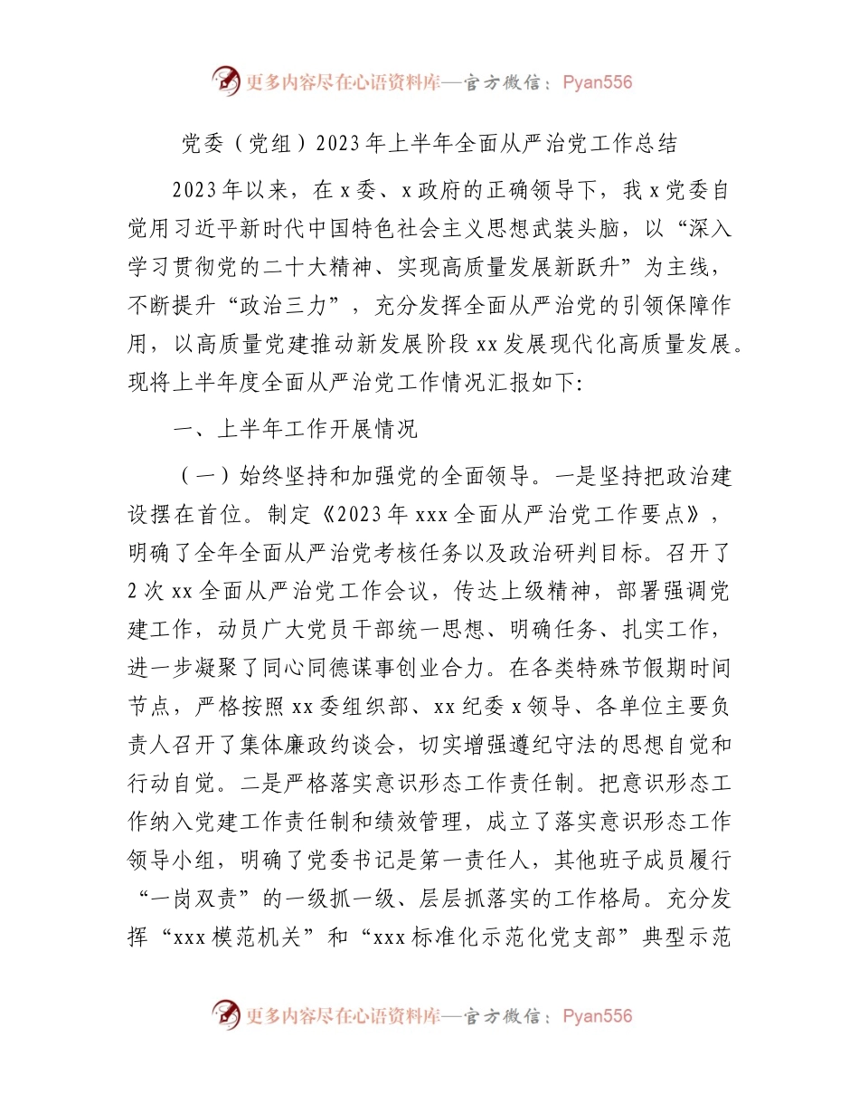 2023年上半年全面从严治党工作总结2900字.docx_第1页