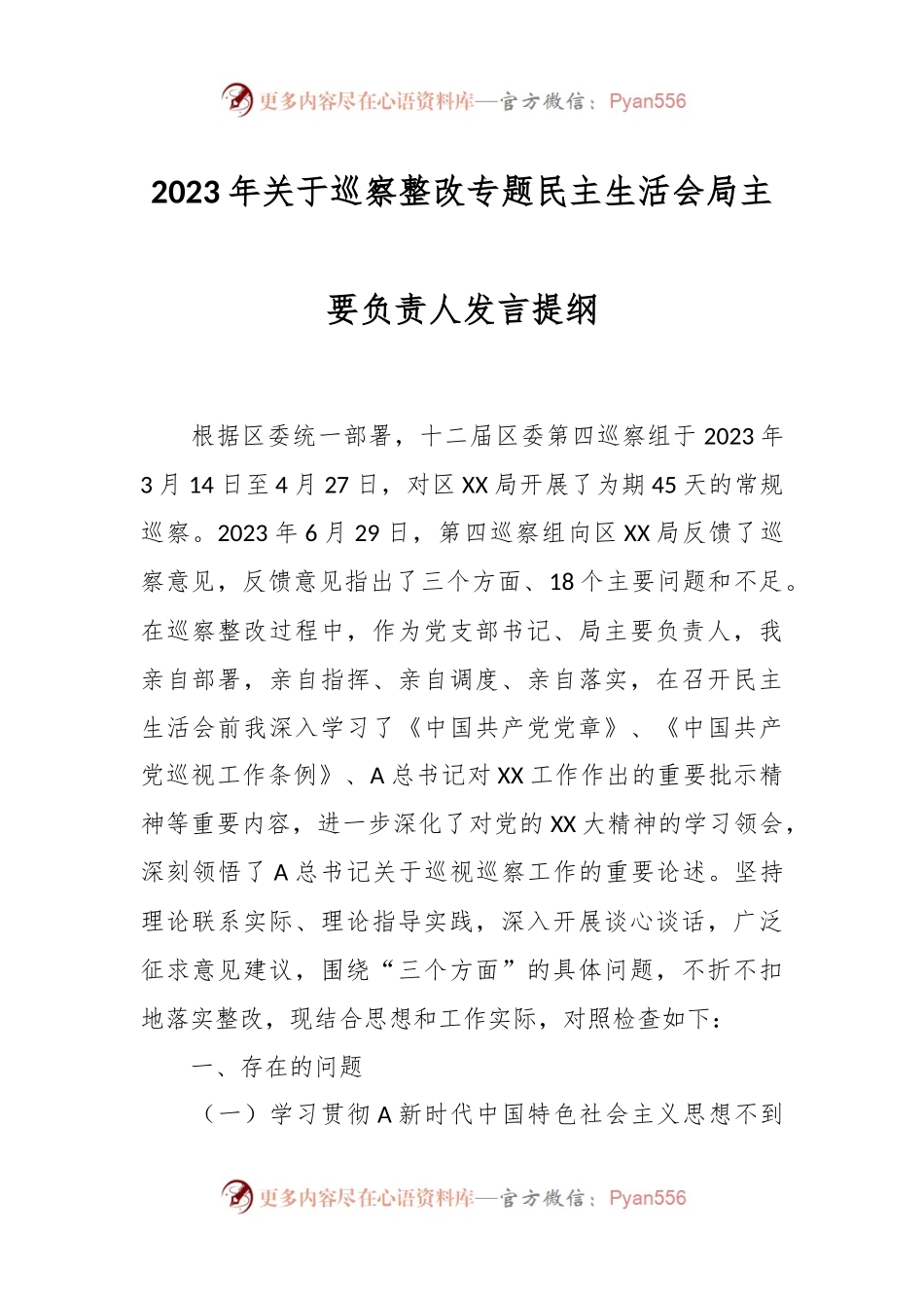 2023年关于巡察整改专题民主生活会局主要负责人发言提纲.docx_第1页