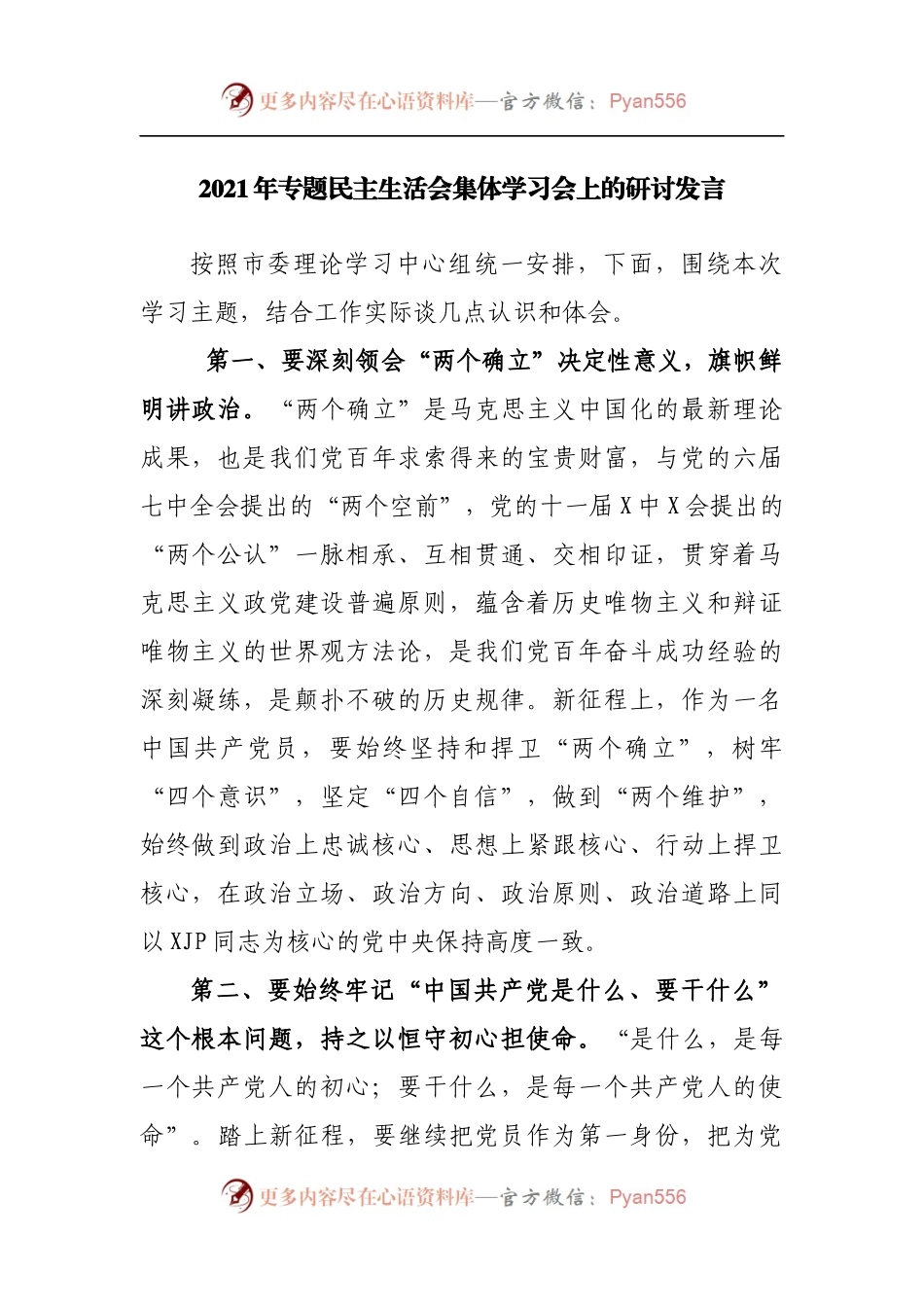 104研讨发言2021年专题民主生活会集体学习会上的研讨发言.docx_第1页