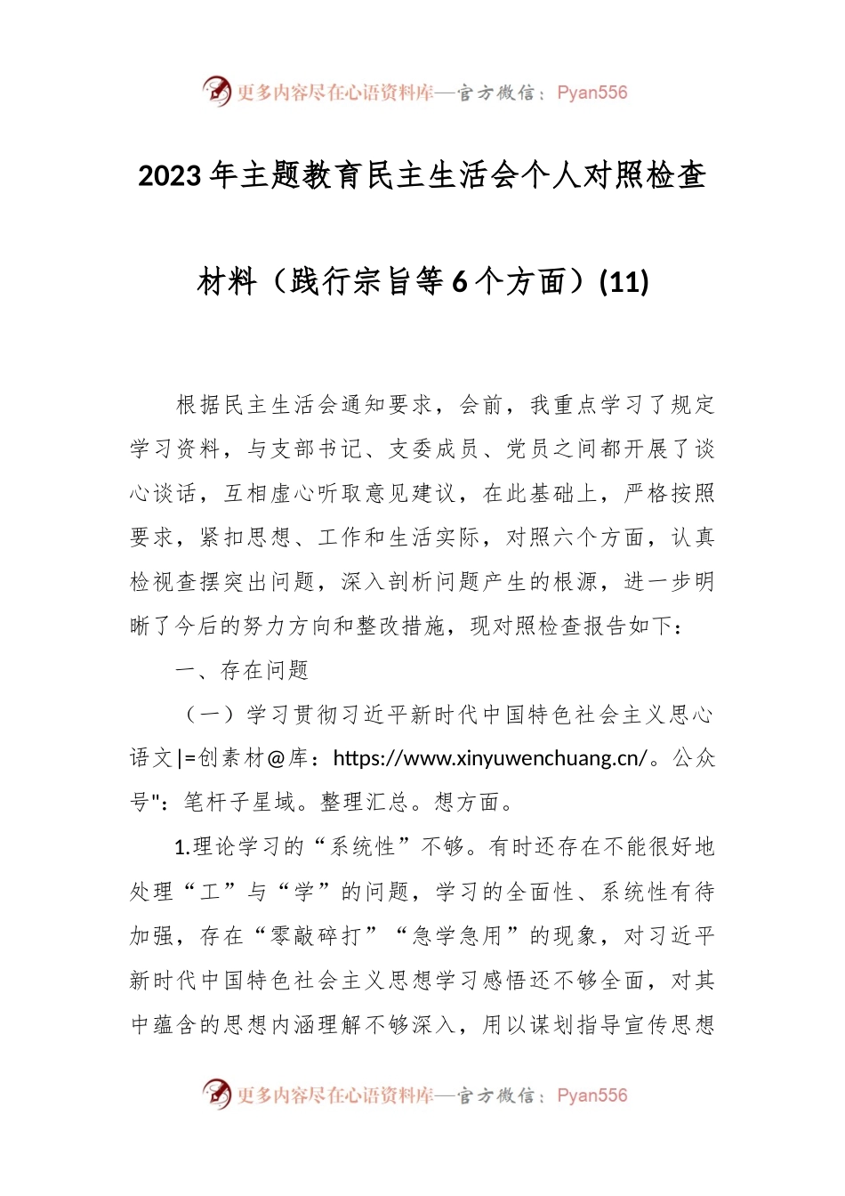 2023年主题教育民主生活会个人对照检查材料（践行宗旨等6个方面） (11).docx_第1页