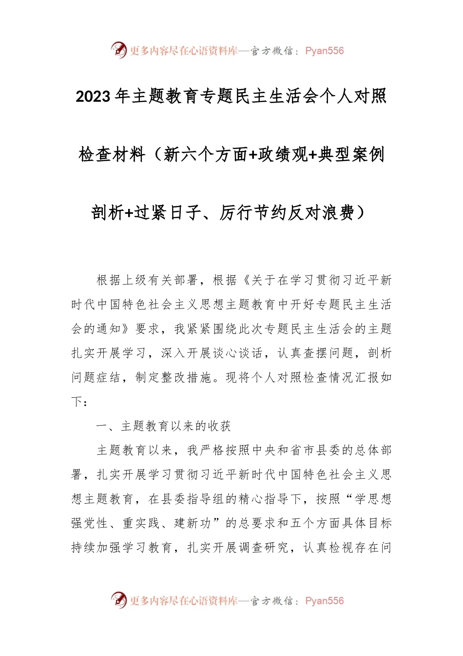 2023年主题教育专题民主生活会个人对照检查材料（新六个方面+政绩观+典型案例剖析+过紧日子、厉行节约反对浪费）.docx_第1页