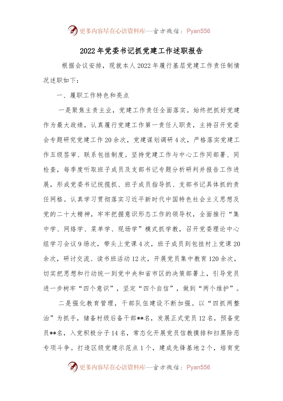 2022年党委书记抓党建工作述职报告（二）.docx_第1页