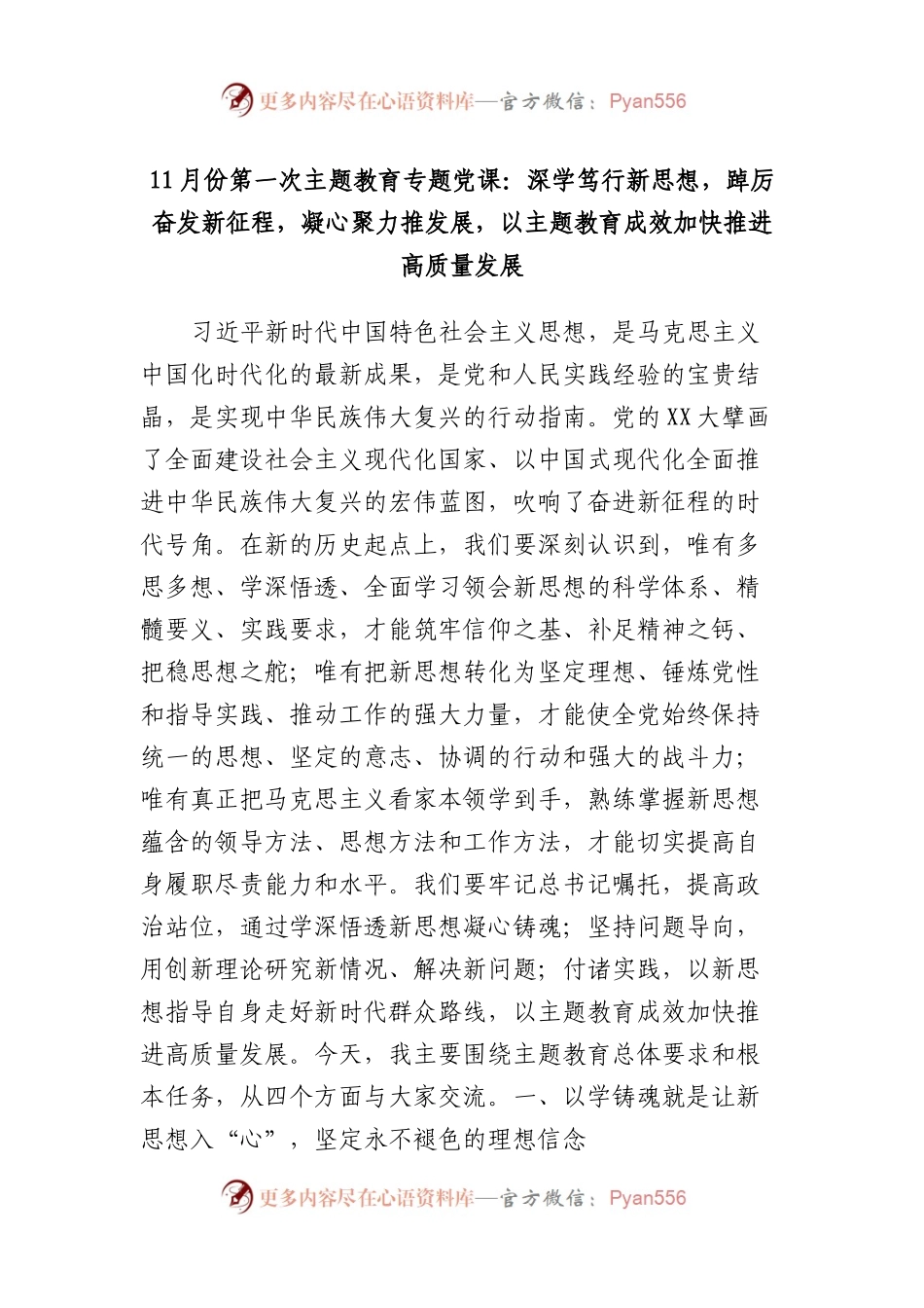 11月份第一次主题教育专题党课：深学笃行新思想，踔厉奋发新征程，凝心聚力推发展，以主题教育成效加快推进高质量发展.docx_第1页