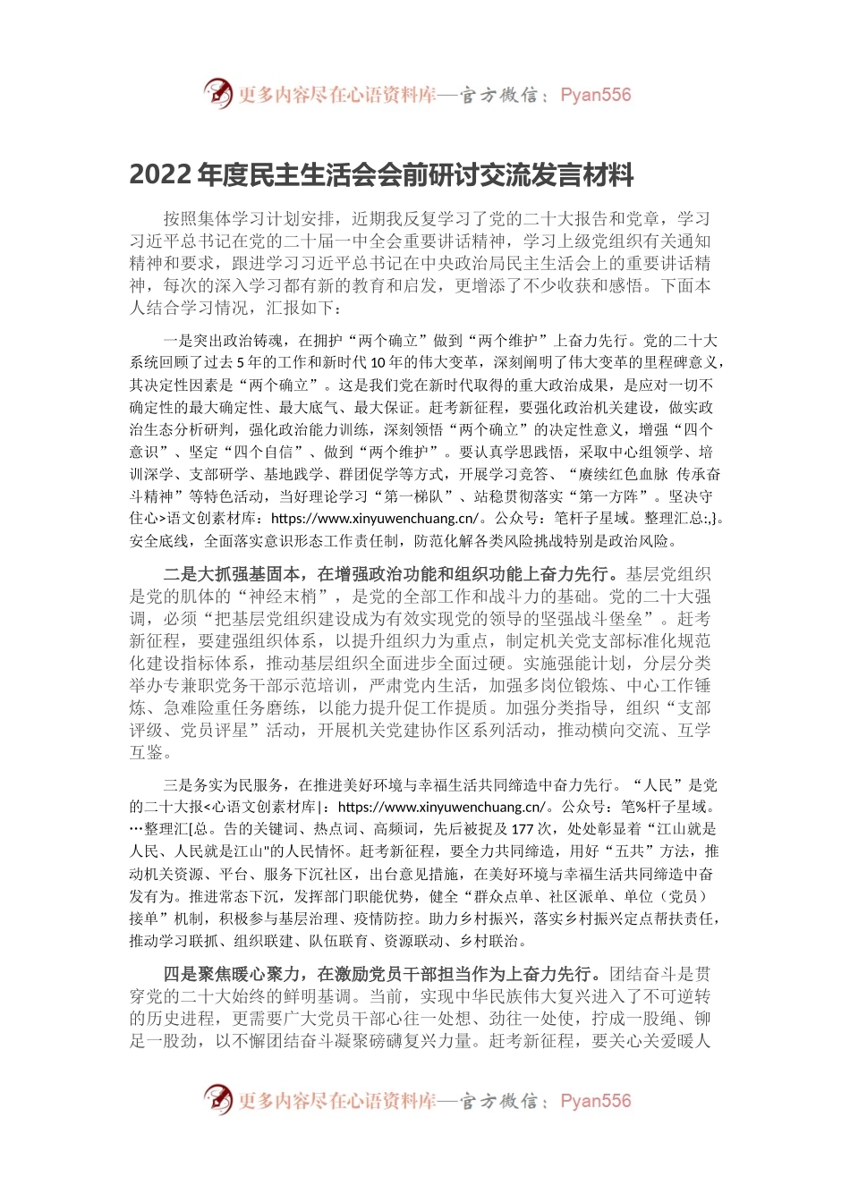 2022年度民主生活会会前研讨交流发言材料.docx_第1页