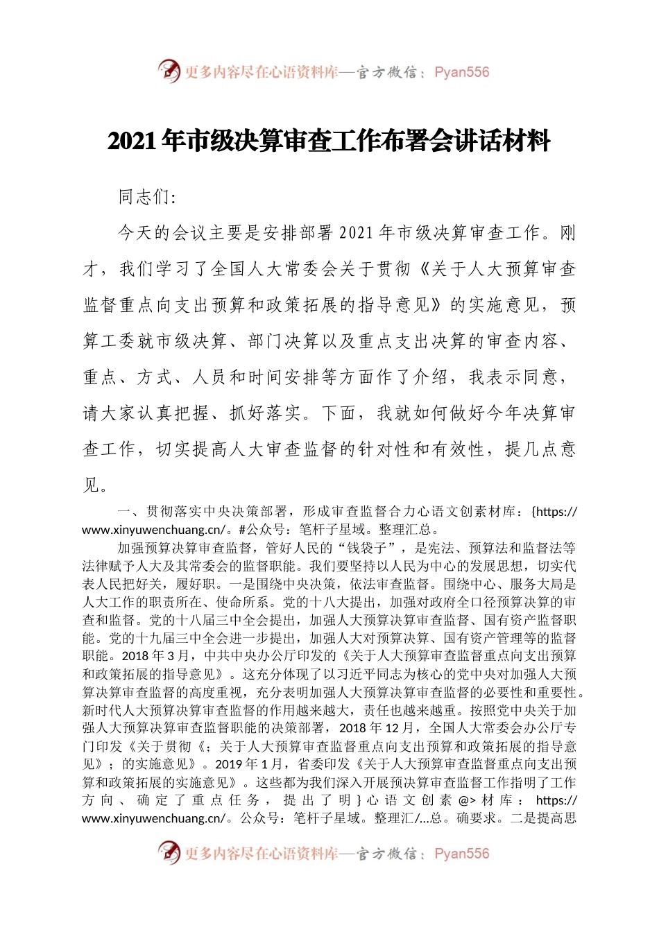 2021年市级决算审查工作布署会讲话材料.docx_第1页