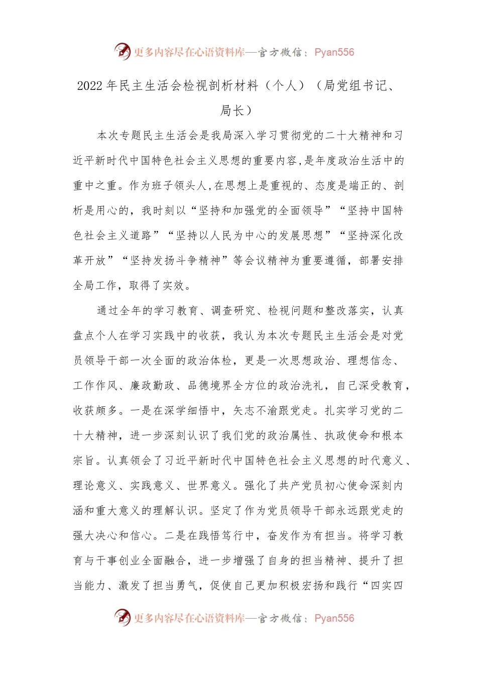 2022年民主生活会检视剖析材料（个人）（局党组书记、局长）.docx_第1页