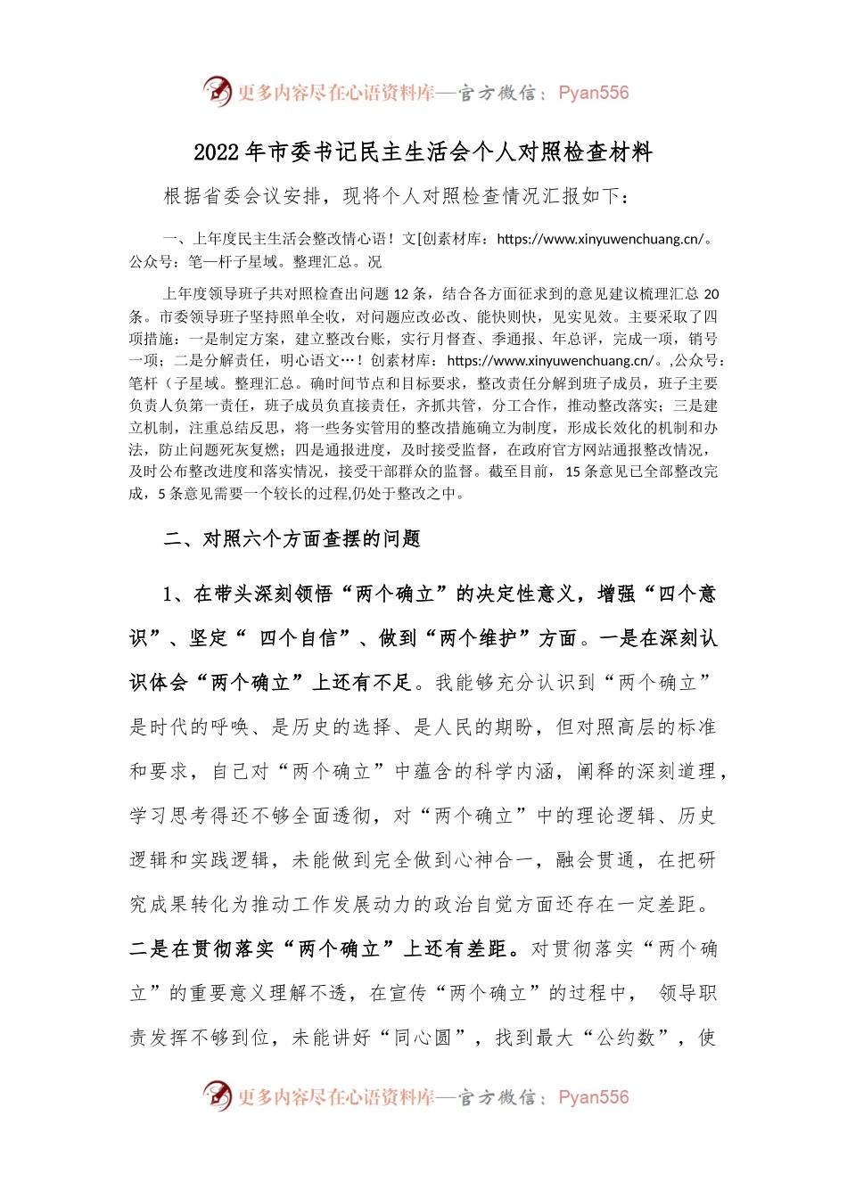 2022年市委书记民主生活会个人对照检查材料.docx_第1页